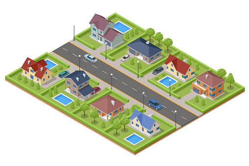 istock Isometric own street with private houses, gardens, cars. Modern house with terrace and pool. Suburban and village houses, homes. 1421005747