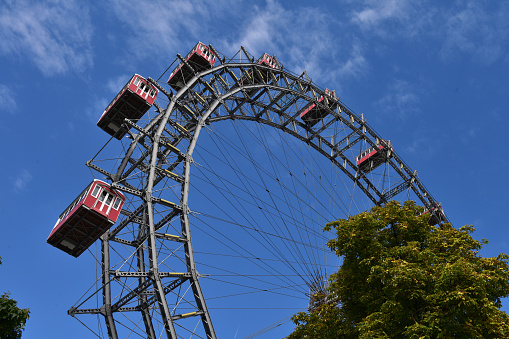 Ferris wheel with blue sky in the big amusement park Prater in Vienna, Austria