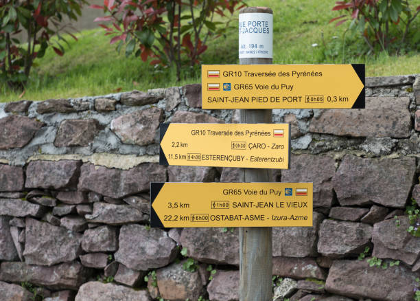 Nearly in Saint-Jean-Pied-de-Port, starting point of the Camino de Santiago Road sign for pilgrims, Nearly in Saint-Jean-Pied-de-Port, starting point of the Camino de Santiago saint jean pied de port stock pictures, royalty-free photos & images