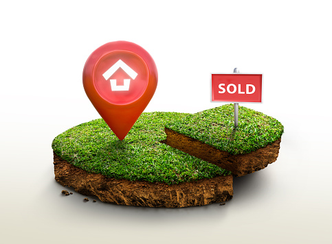 Land for sale sign and pin home symbol on round soil ground cross section with earth land and green grass, ground ecology isolated on white background. real estate sale, property investment concept.3D