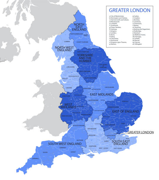 ilustrações, clipart, desenhos animados e ícones de vetor, mapa azul da inglaterra com divisão em regiões, condados e distritos - uk map regions england