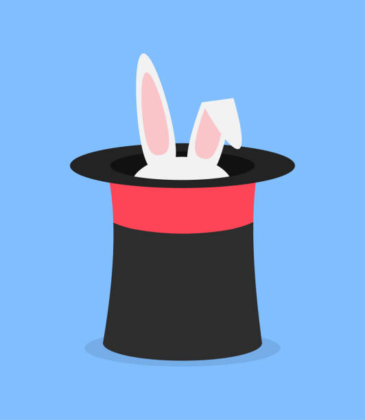 Black magician hat with bunny ears flat illustration Black magician hat with bunny ears flat illustration rabbit hat stock illustrations