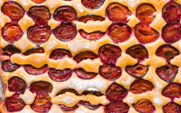Portion of plum cake. View from above.