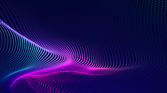 Flujo de partículas. Fondo púrpura con muchas partículas brillantes. Antecedentes en tecnología de la información. Renderizado 3d. photo