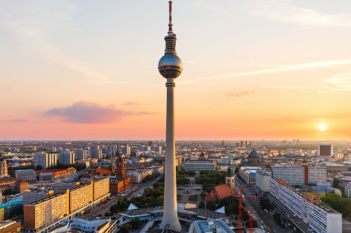 Aerial view on Berlin at sunset, downtown panorama with the skyscrappers and the bridges, Germany.