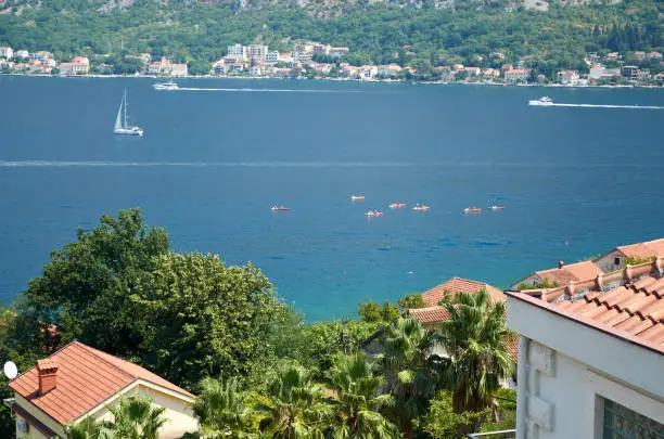 Group of boats with rowers in a bay and with a detail of red roofs in a coastal village