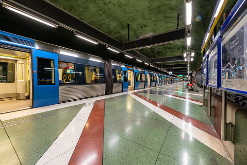 Stockholm, Sweden. 29 August 2022. Train carriage at Kungsträdgården subway station in Stockholm