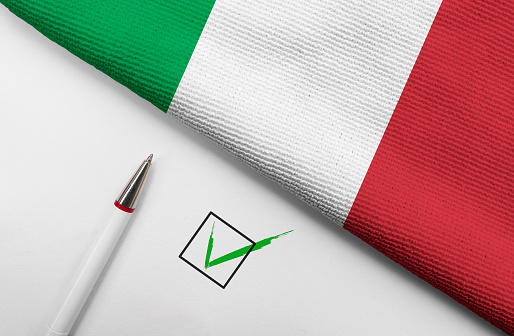 Pencil, Flag of Italy and check mark on paper sheet