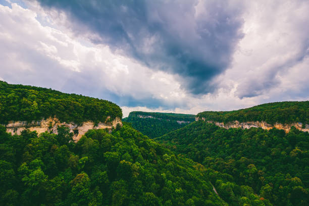 beautiful landscape overlooking the Una - Koz mountain range with dramatic overcast sky