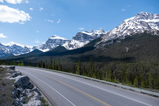 istock Empty road with blue skies and snow capped mountains 1421022284