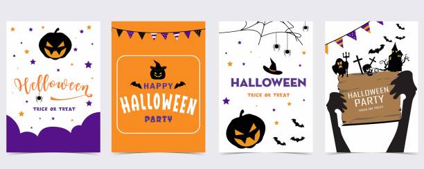 ilustrações, clipart, desenhos animados e ícones de festa cartão postal de halloween com teia, aranha, morcego, abóbora, casa, esqueleto - bat halloween spider web spooky