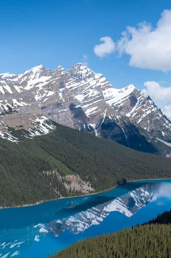 Views over Peyto Lake in the Rocky Mountains in Canada. Top tourist attractions while visiting the Banff National Park