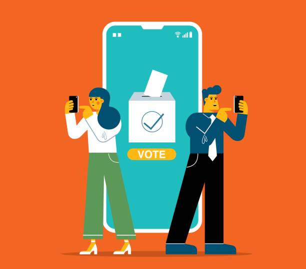 Online vote Online vote concept. Group of people use mobile phones. Big Smartphone and ballot box on screen electronic voting stock illustrations