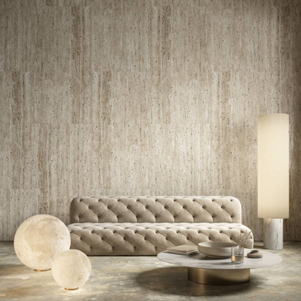 istock Beige contemporary interior with sofa, stone wall, lamps and decor. 3d render illustration mockup. 1421025471