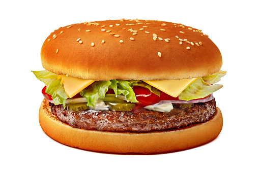Single fresh hot cheeseburger isolated on white
