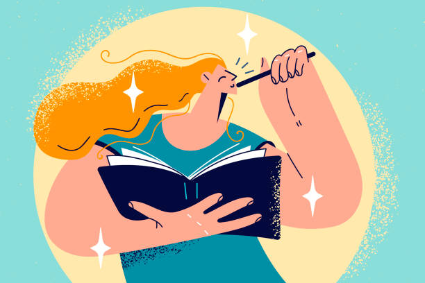 Young woman make notes in notebook Young woman thinking writing in notebook. Happy female lost in thoughts make notes in book. Creativity and hobby concept. Vector illustration. person writing on notepad stock illustrations
