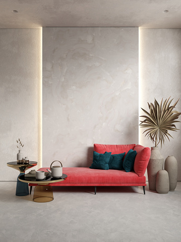 Interior with red sofa, stone wall panel, backlight and decor. 3d render illustration mockup.