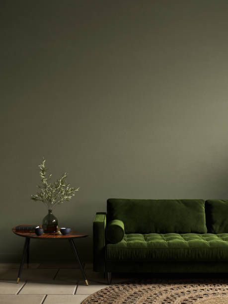 istock Green interior with sofa and decor. 3d render illustration mockup. 1421025817