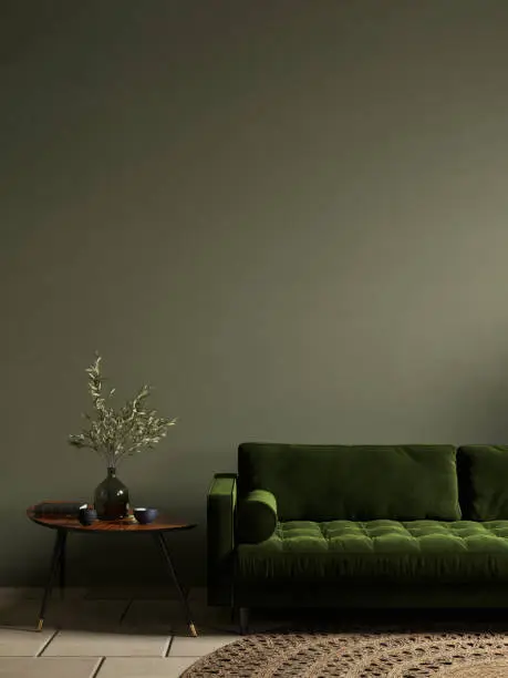 Green interior with sofa and decor. 3d render illustration mockup.