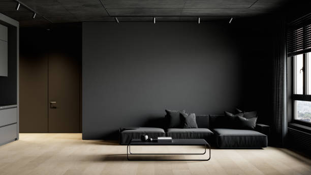 istock Black contemporary minimalist interior with sofa, coffee table and decor. 3d render illustration mockup. 1421026180
