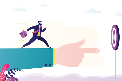 Global business vision. Businessman runs towards his goal. Successful hitting target. Mentor points right way. Big helping hand shows direction of development and strategy. Flat vector illustration