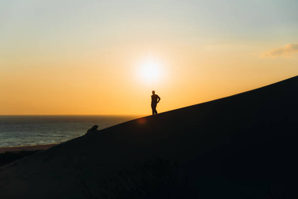 siluetta di un viaggiatore uomo e un cane che contempla il tramonto panoramico sopra le dune di sabbia in riva al mare in turchia - majestic landscape arid climate beach foto e immagini stock