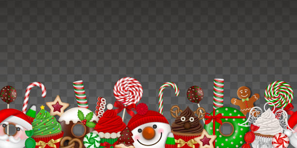 ilustrações de stock, clip art, desenhos animados e ícones de christmas seamless banner with funny sweets - cookie christmas gingerbread man candy cane