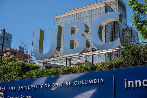 Vancouver, British Columbia - July 23, 2022: University of British Columbia sign in Robson Square.