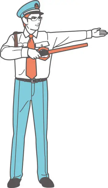 Vector illustration of Security guard directing traffic, full body