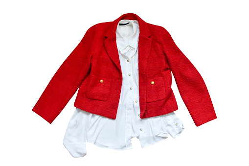 Women's fashion white shirt and red jacket isolated on the white background with clipping path
