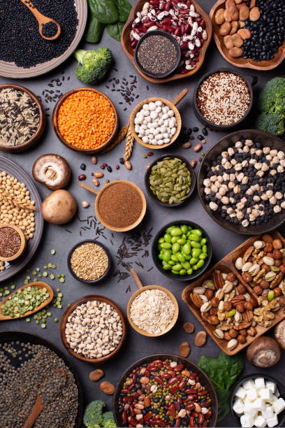 Variety of vegan, plant based protein food, legumes, lentils, beans stock photo