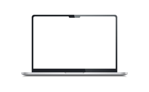 realistisches macbook-modell. leere laptop-vektorvorlage mit weißem bildschirm - color display stock-grafiken, -clipart, -cartoons und -symbole