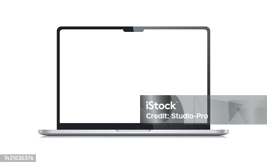 istock Realistic macbook mockup. Blank white screen laptop vector template 1421035376