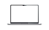 istock Realistic macbook mockup. Blank white screen laptop vector template 1421035376