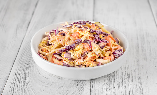 Bowl of Coleslaw salad on wooden table