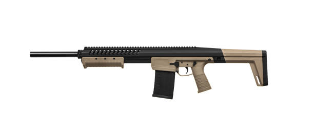 istock Pump-action 12 gauge shotgun isolated on a white background. A smooth-bore weapon with a plastic stock. 1421039201