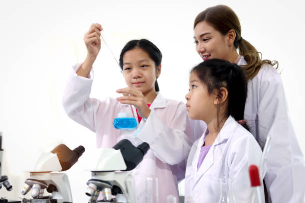 istock Students and teacher in lab coat have fun together while learn science experiment in laboratory. Young adorable Asian scientist kid adding some chemical to blue flask with pipette, little children students study research at school lab. Science education 1421040457