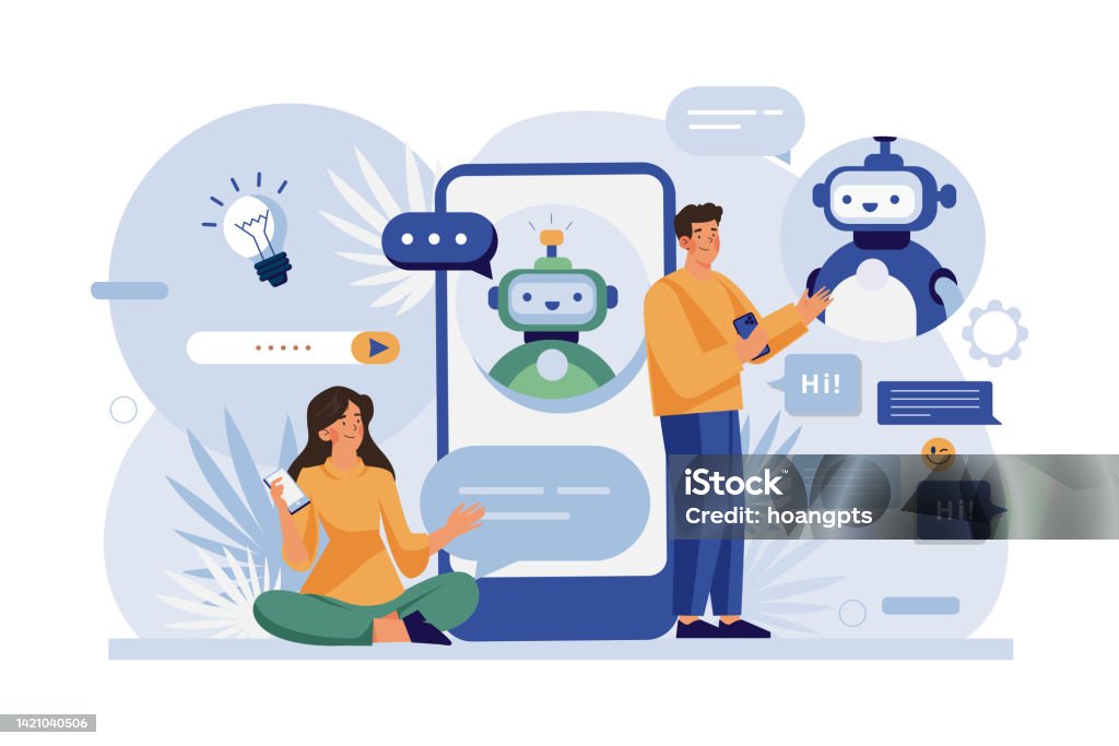 Humans Using Chatbot People Talk With Chatbot Robots In Smartphone App Stock Illustration ...