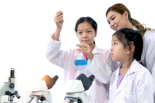 istock Students and teacher in lab coat have fun together while learn science experiment in laboratory. Young adorable Asian scientist kid adding some chemical to blue flask with pipette, little children students study research at school lab. Science education 1421040531
