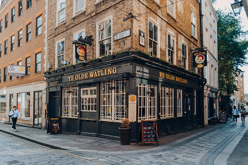 London, UK - August 26, 2022: View of Ye Olde Watling, a pub with a history stretching back to the 17th century located in the City of London.