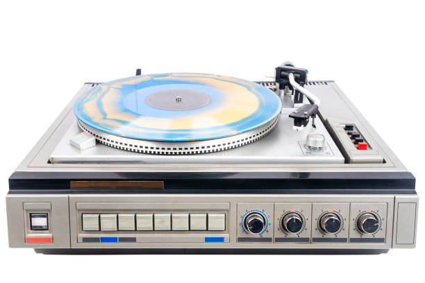 istock Vintage turntable record player with blue and orange vinyl 1421042155