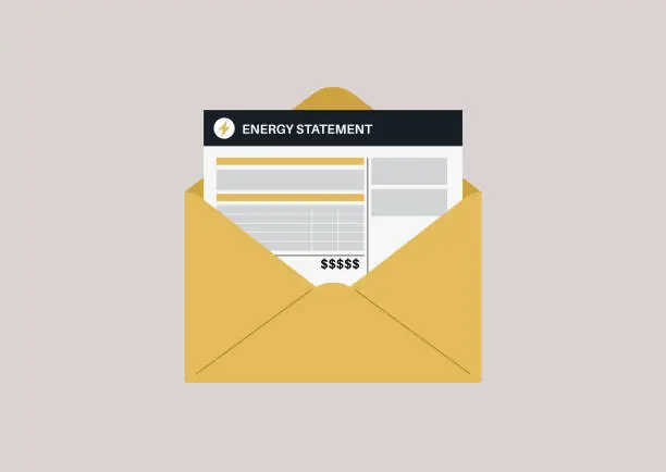 Vector illustration of A blank paper electricity bill detailing a monthly energy consumption in a yellow envelope