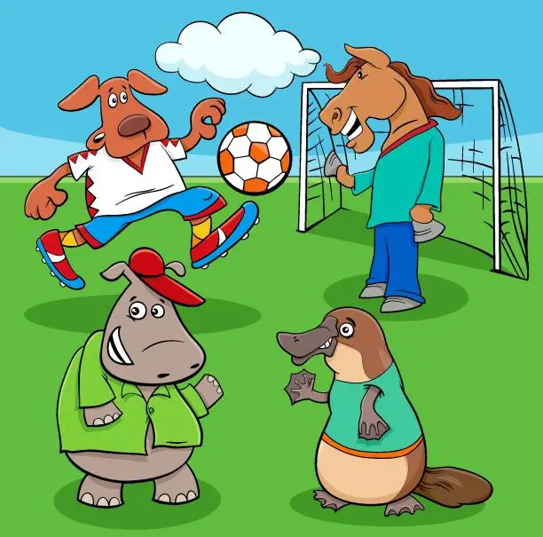 Vector illustration of cartoon animal soccer players on football field