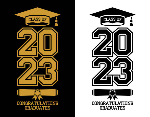2023 graduate class logo Lettering Class of 2023 for greeting card, invitation card. Text for graduation design, congratulation event, T-shirt, party, high school or college graduate. Vector on transparent and black background graduation stock illustrations