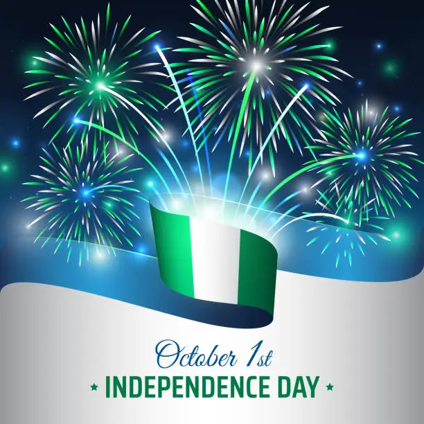 Vector illustration of October 1, nigeria independence day, vector template with nigerian flag and colorful fireworks on blue night sky background. Nigeria national holiday october 1st. Independence day greeting card