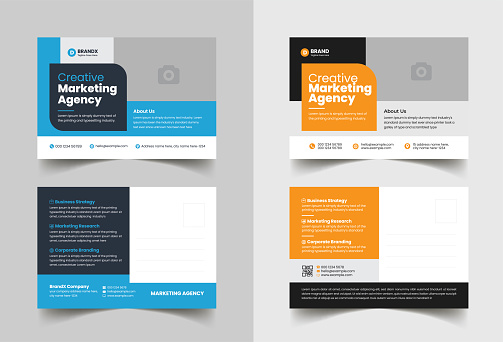 Corporate Postcard or every door direct mail postcard design template with blue elements