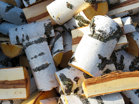 A bunch of birch logs in close-up, fuel for stoves, heating of housing, warmth and comfort in the house