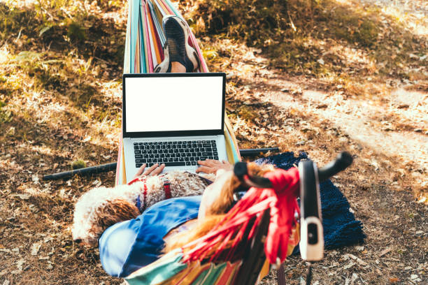 istock Back view woman working on laptop while lying in hammock, with her cockapoo puppy near motorhome on camping trip. Female living on camper car with animals and travel the world. Remote worker people. 1421055748
