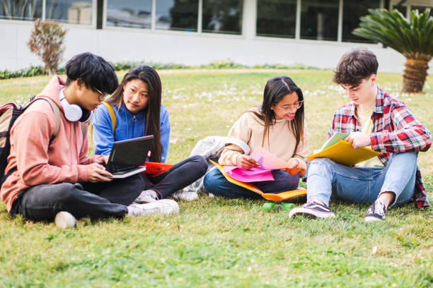 Cheerful College Students Sitting On Grass At Campus. High Quality Photo