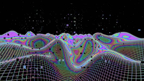 Colorful line wireframe abstract mountain landscape with rectangle particle on black background. Modern glowing grid illustration, 3D rendering stock photo